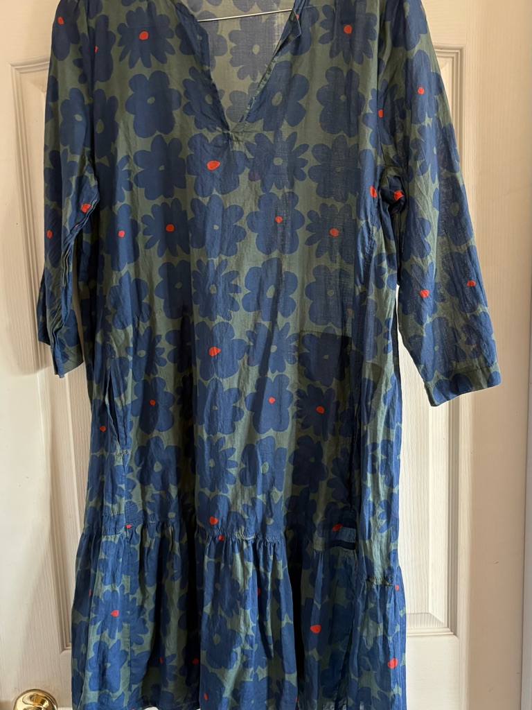 Alembika Bluebell Voile Trapeze Dress Size 1 Blue Flowers/Olive Us 6-8